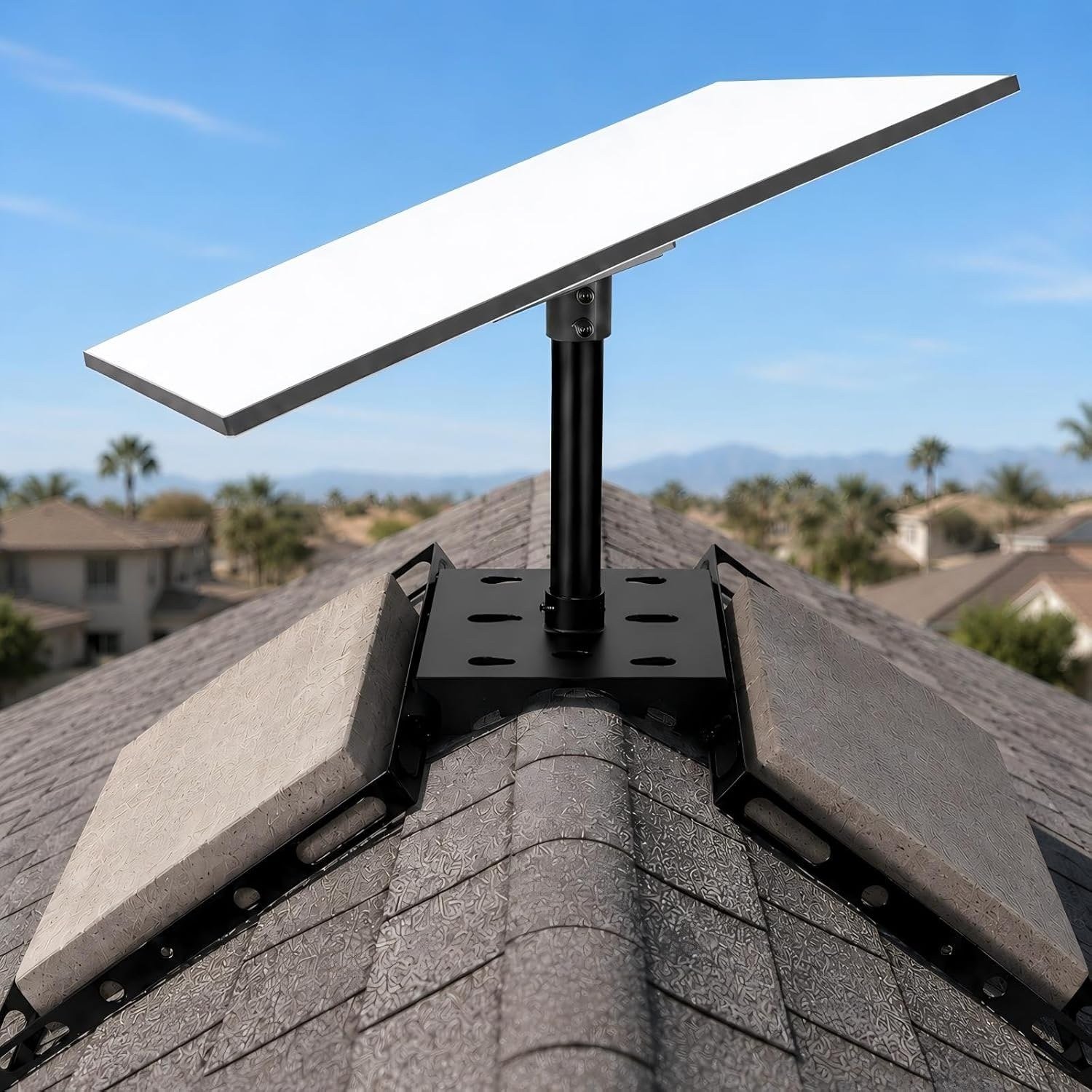 Starlink-compatible terminal mounted on roof ridge with black pole mount and bracket base