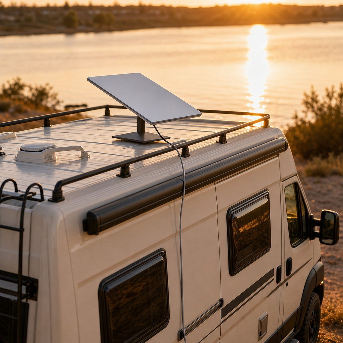 RV Starlink usage scenario beside water without text overlay