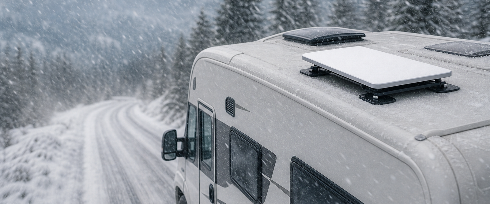 Starlink Mini flat panel mounted on RV roof driving through heavy daytime snow