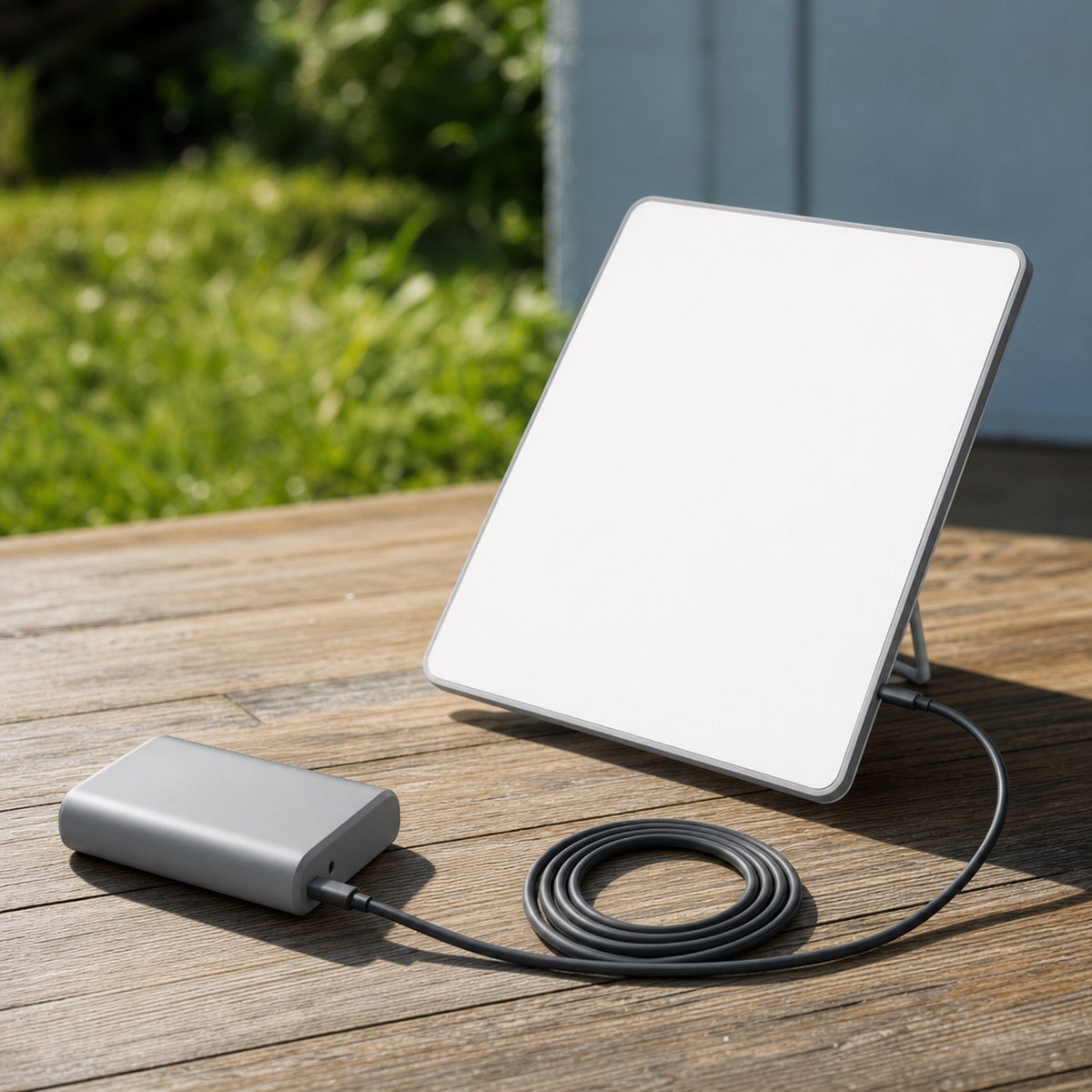 USB-C to Starlink Mini cable connected to blank power bank on outdoor table