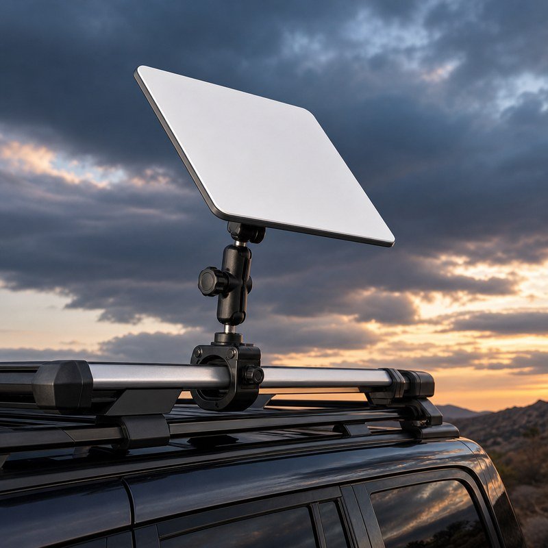 Starlink-style terminal mounted on vehicle roof rack with adjustable bracket